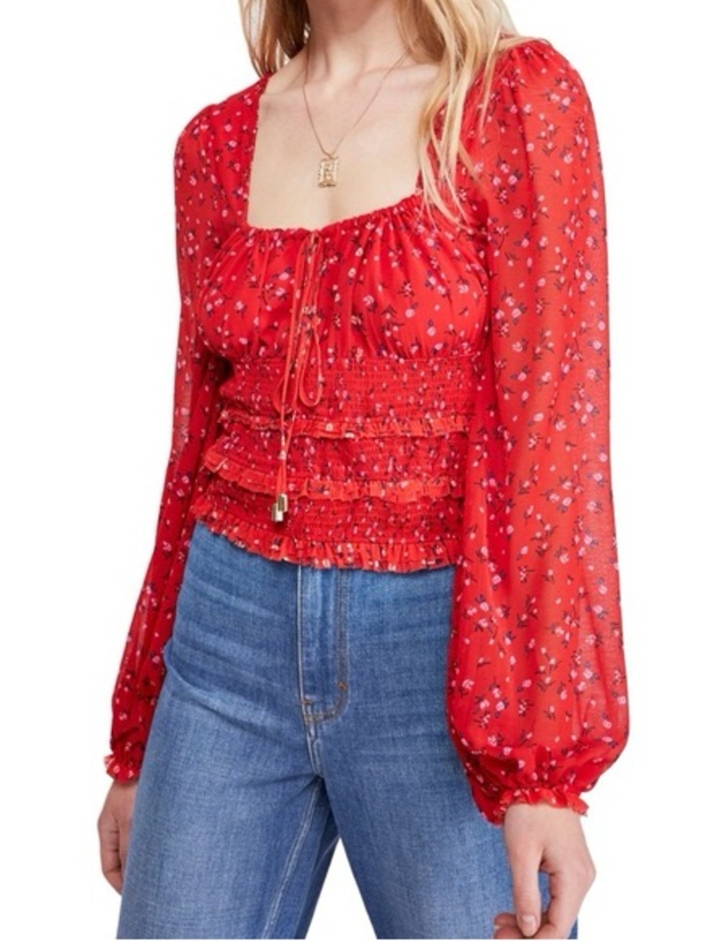 Free People - Lolita Red Colorful Floral Long Sleeve Smocked Blouse Size Medium